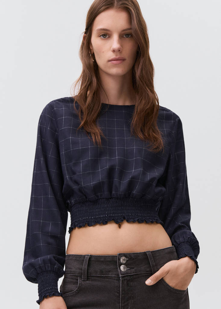 Lurex check blouse — Navy