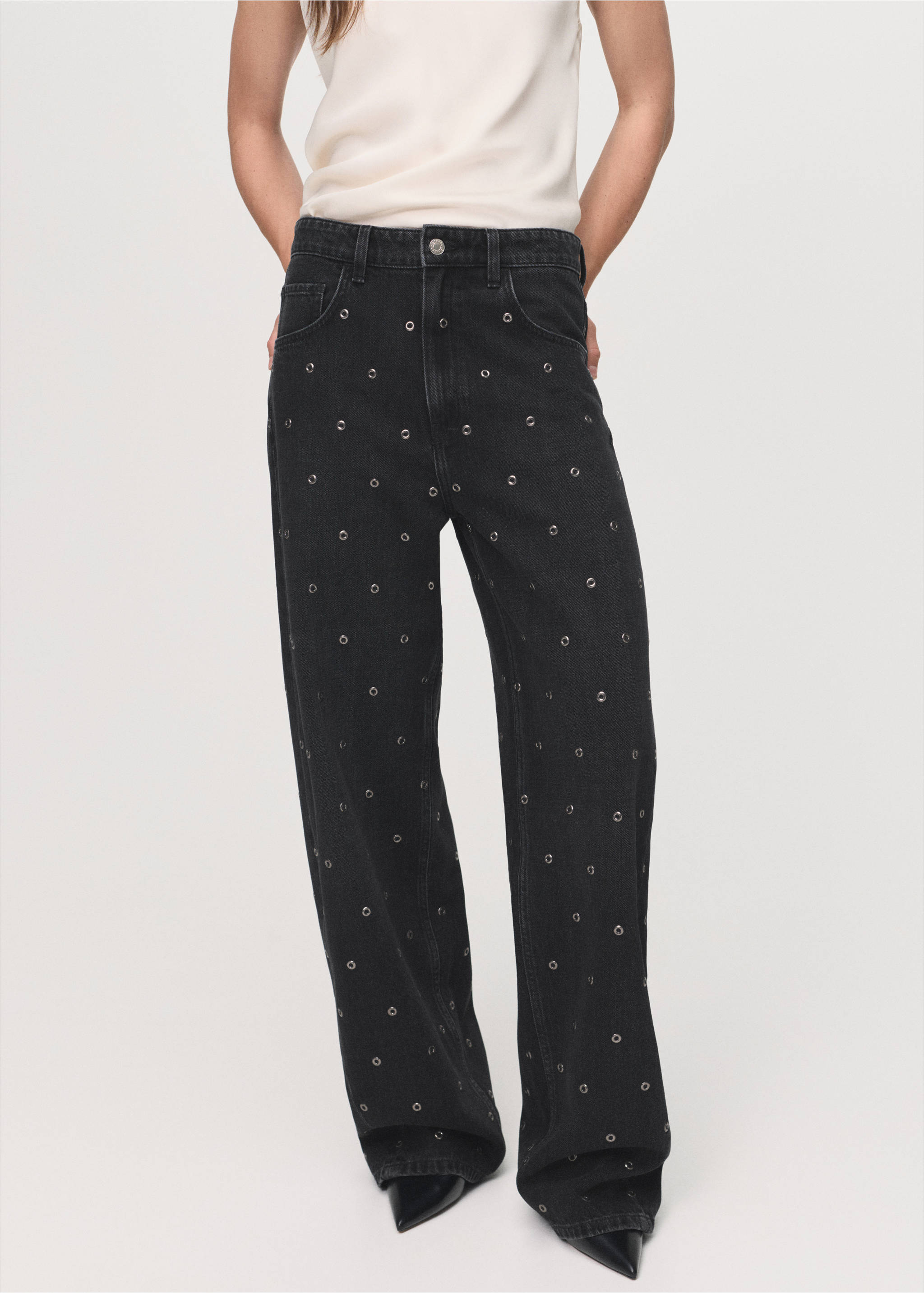 Jean barrel à œillets - Plan moyen, Black denim. Ref: 17024790-00.