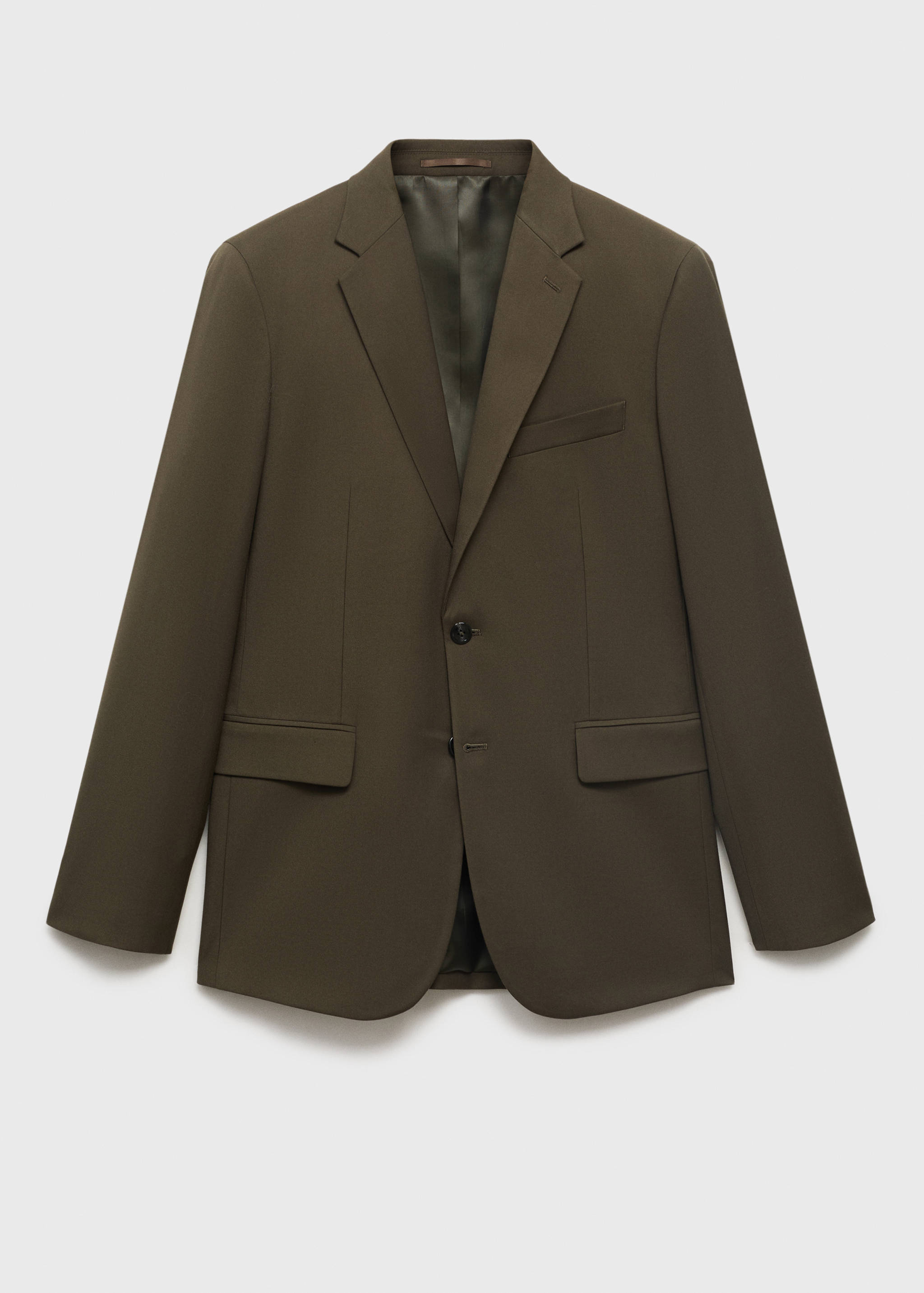 Dark olive green men's tailored blazer with notched lapels and two-button closure.