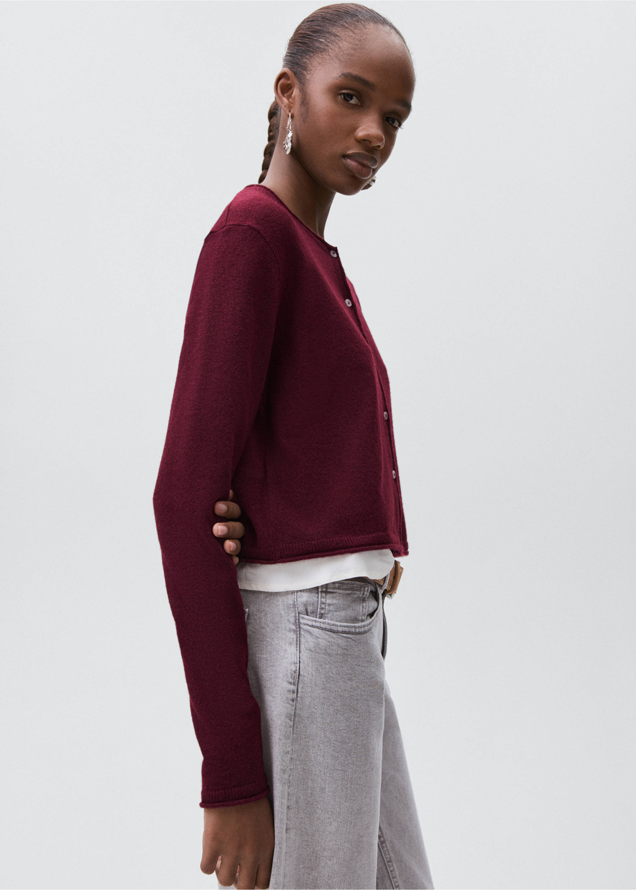 Knitted button cardigan - Medium plane, Burgundy. Ref: 17025793-00.