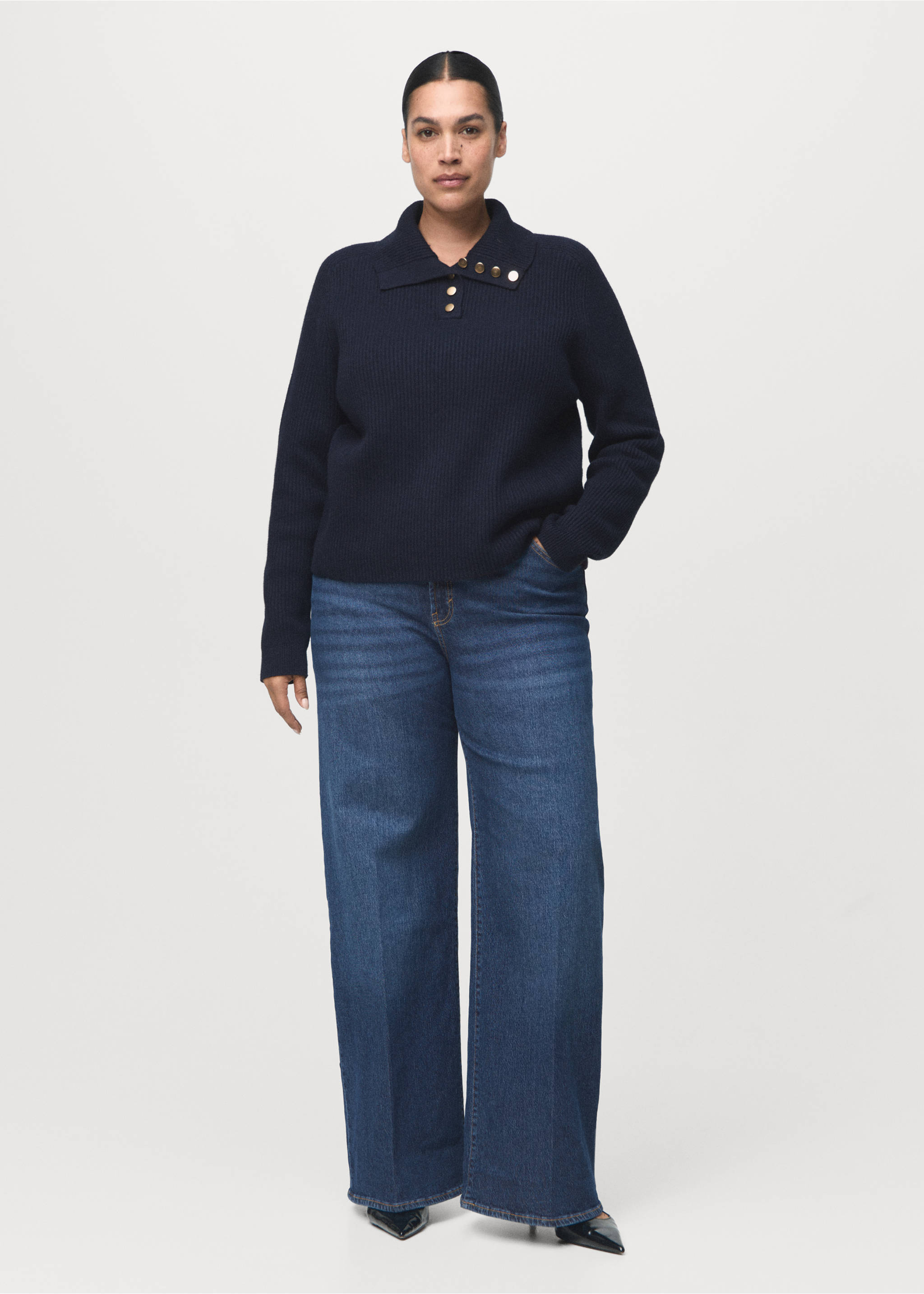 High-waisted wideleg jeans - Details of the article 3, Dark Blue. Ref: 17025800-00.