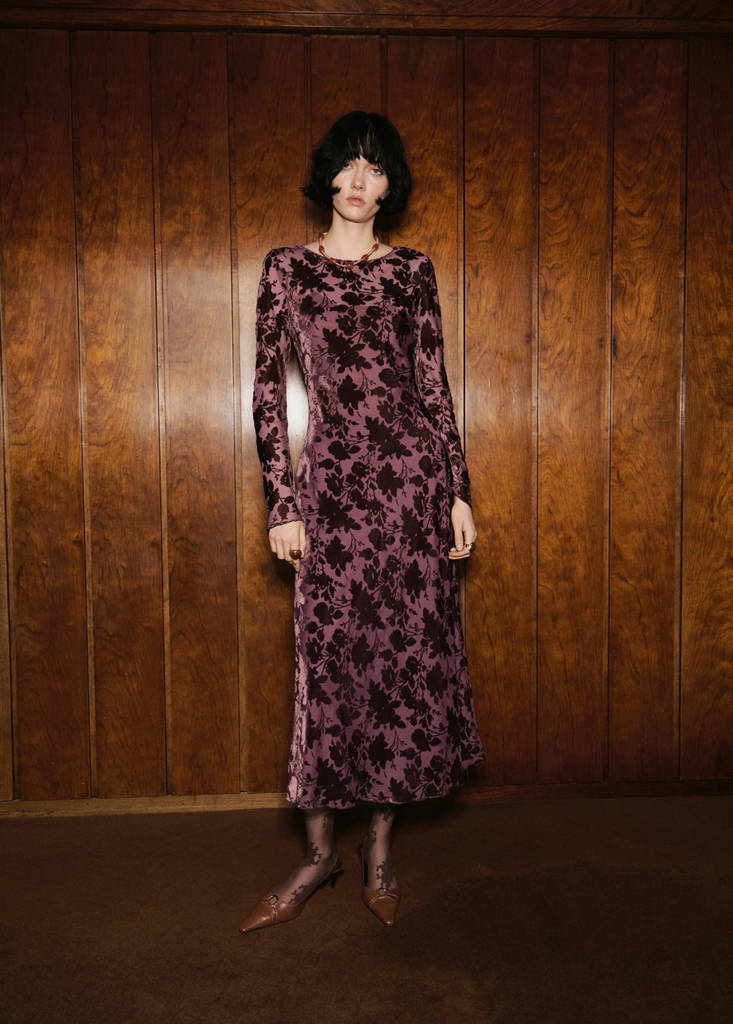 MANGO - Robe jacquard floral manches cloche bordeaux - S