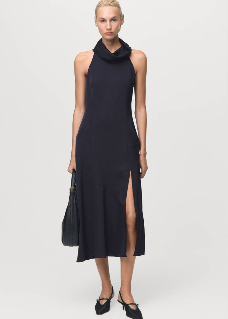 MANGO - Robe col drapé ouverte bleu marine - XS