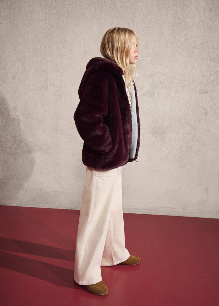 Hooded fur-effect coat — Wine