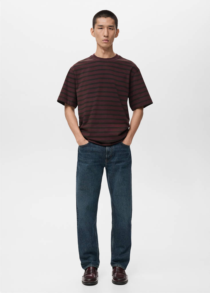 MANGO MAN - T-shirt 100 % coton rayures relaxed-fit lie de vin - L