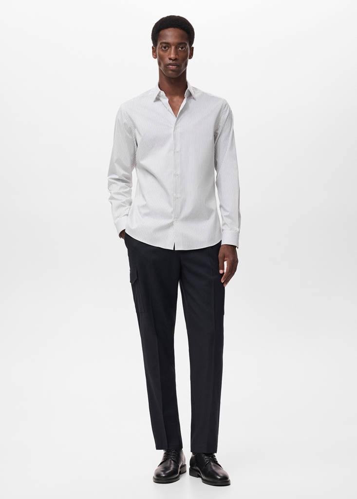 Regular-fit non-iron cotton striped shirt — Khaki