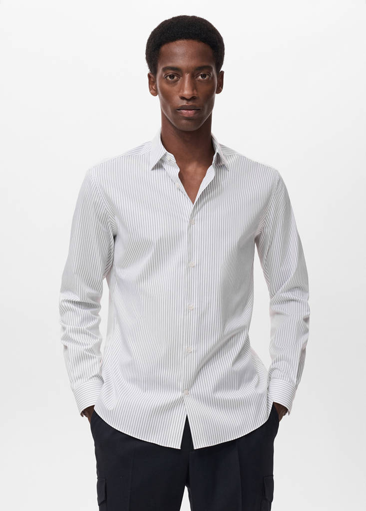 Regular-fit non-iron cotton striped shirt — Khaki