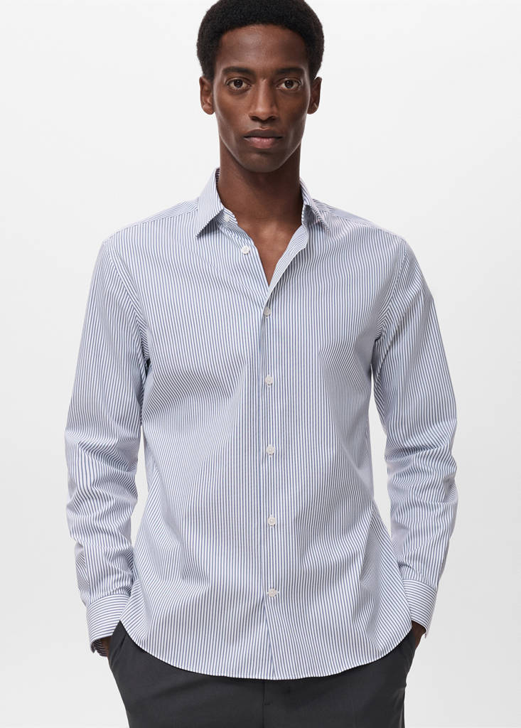 Regular-fit non-iron cotton striped shirt — Navy