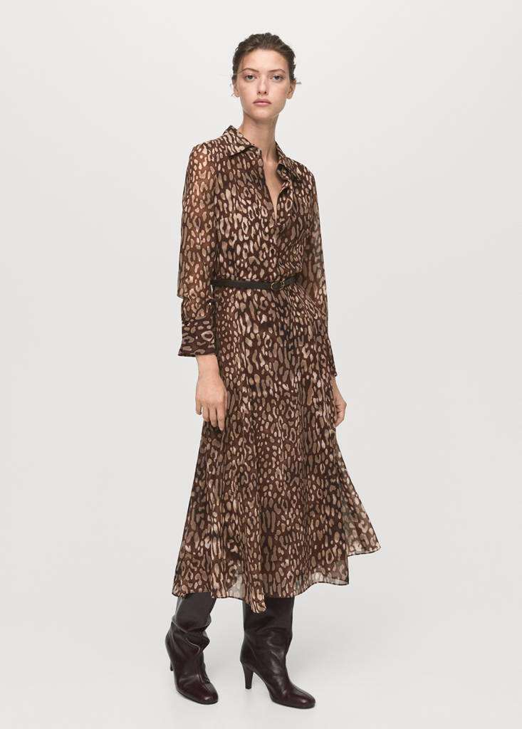 MANGO - Robe-chemise léopard avec ceinture marron - XL