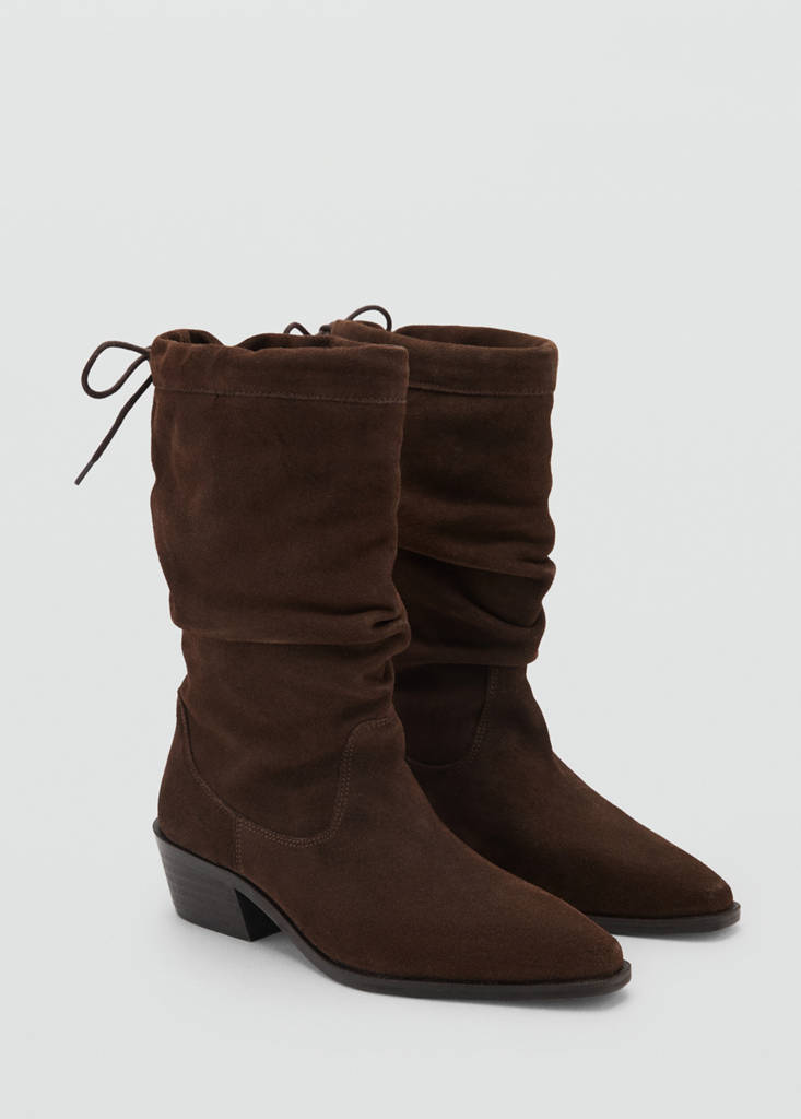 Knee-high leather boots with ruched detail — Brown