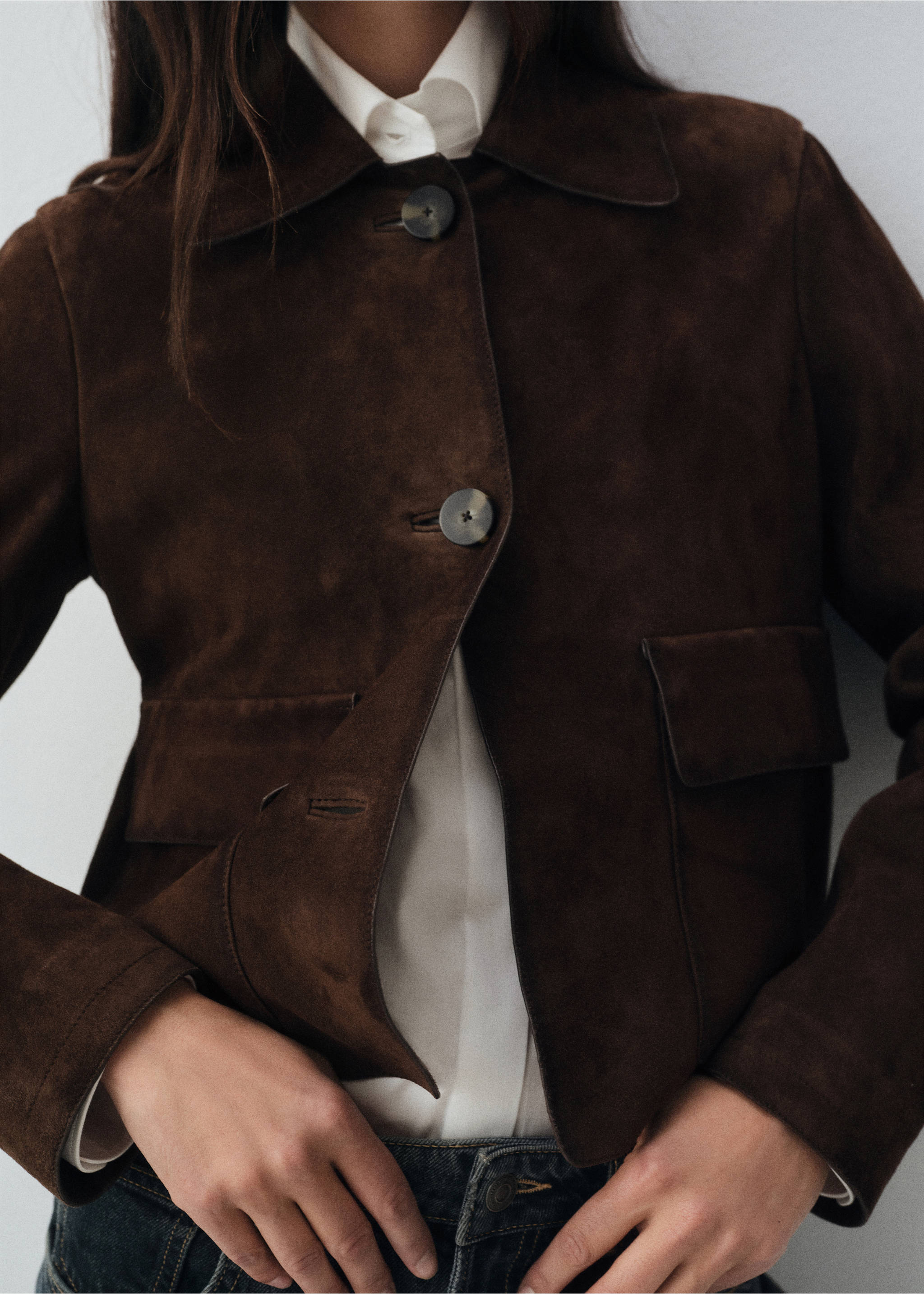 Veste courte 100 % daim - Plan moyen, Marron. Ref: 17026347-00.