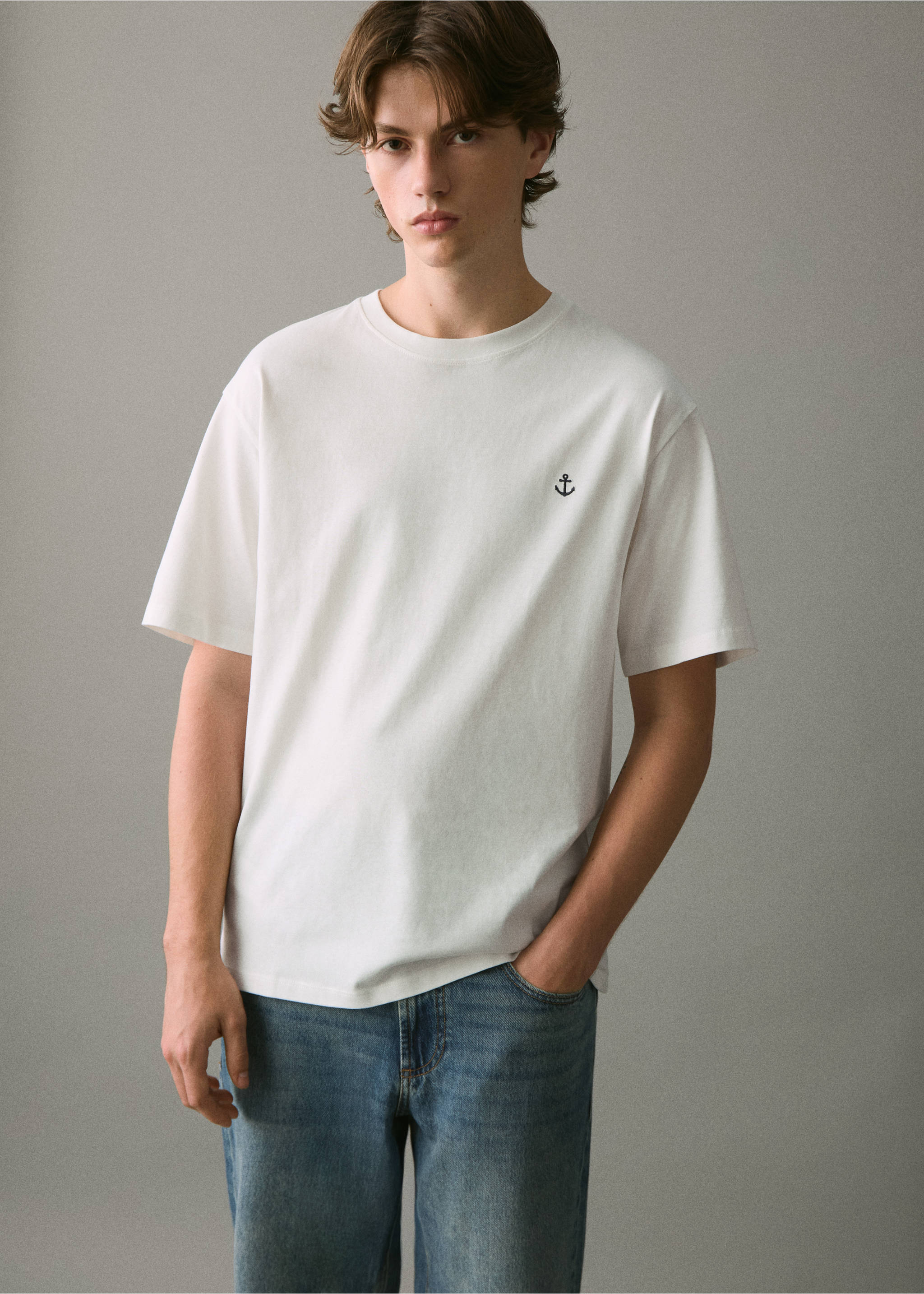 Camiseta algodón bordado - Plano medio, Blanco roto. Ref: 17027769-00.