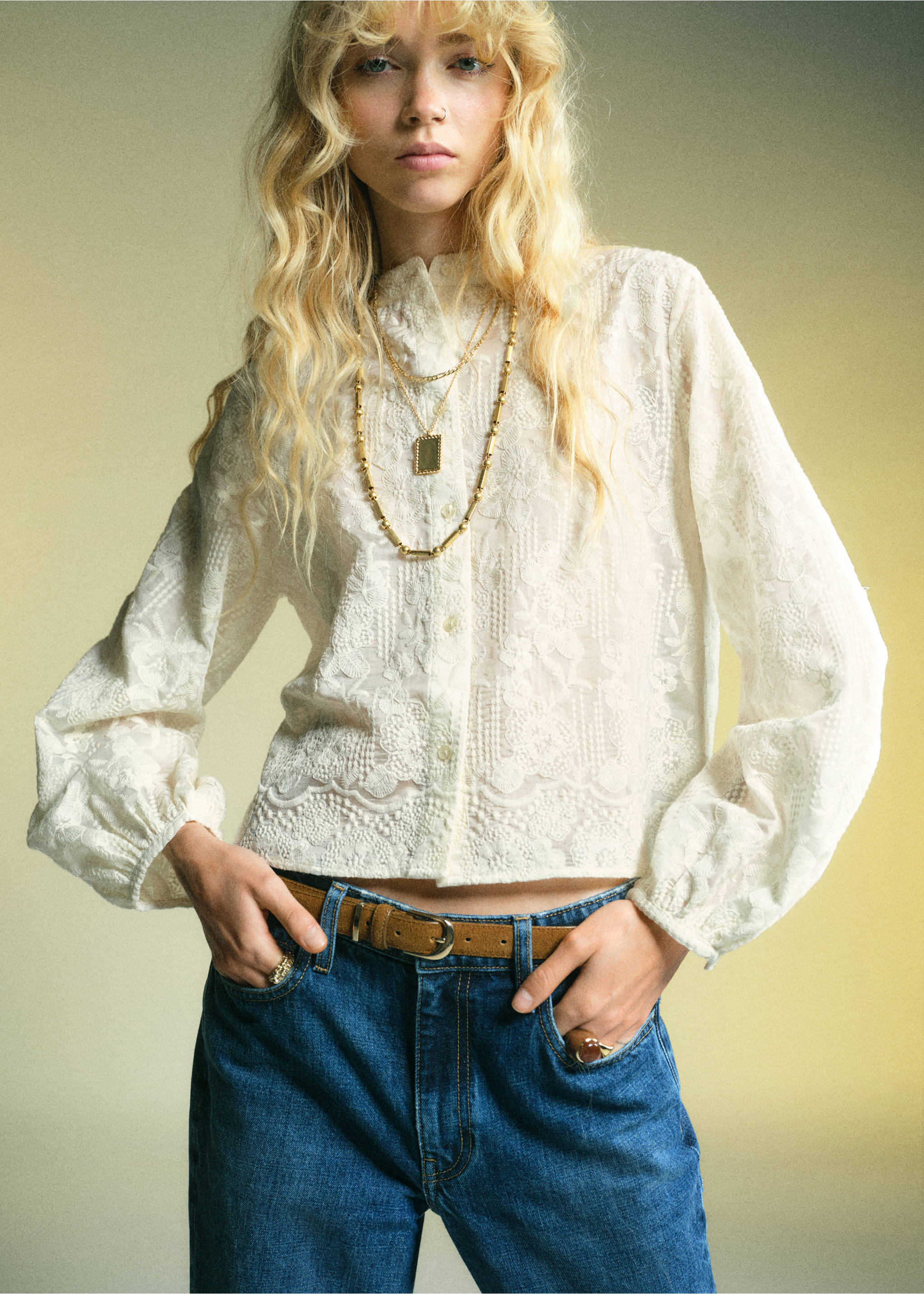 Embroidered lyocell blouse - Medium plane, Ecru. Ref: 17027805-00.