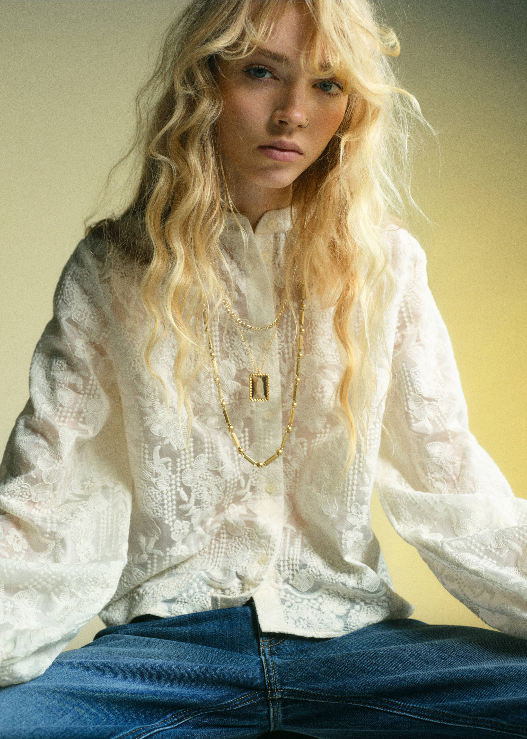 Embroidered lyocell blouse - Details of the article 1, Ecru. Ref: 17027805-00.