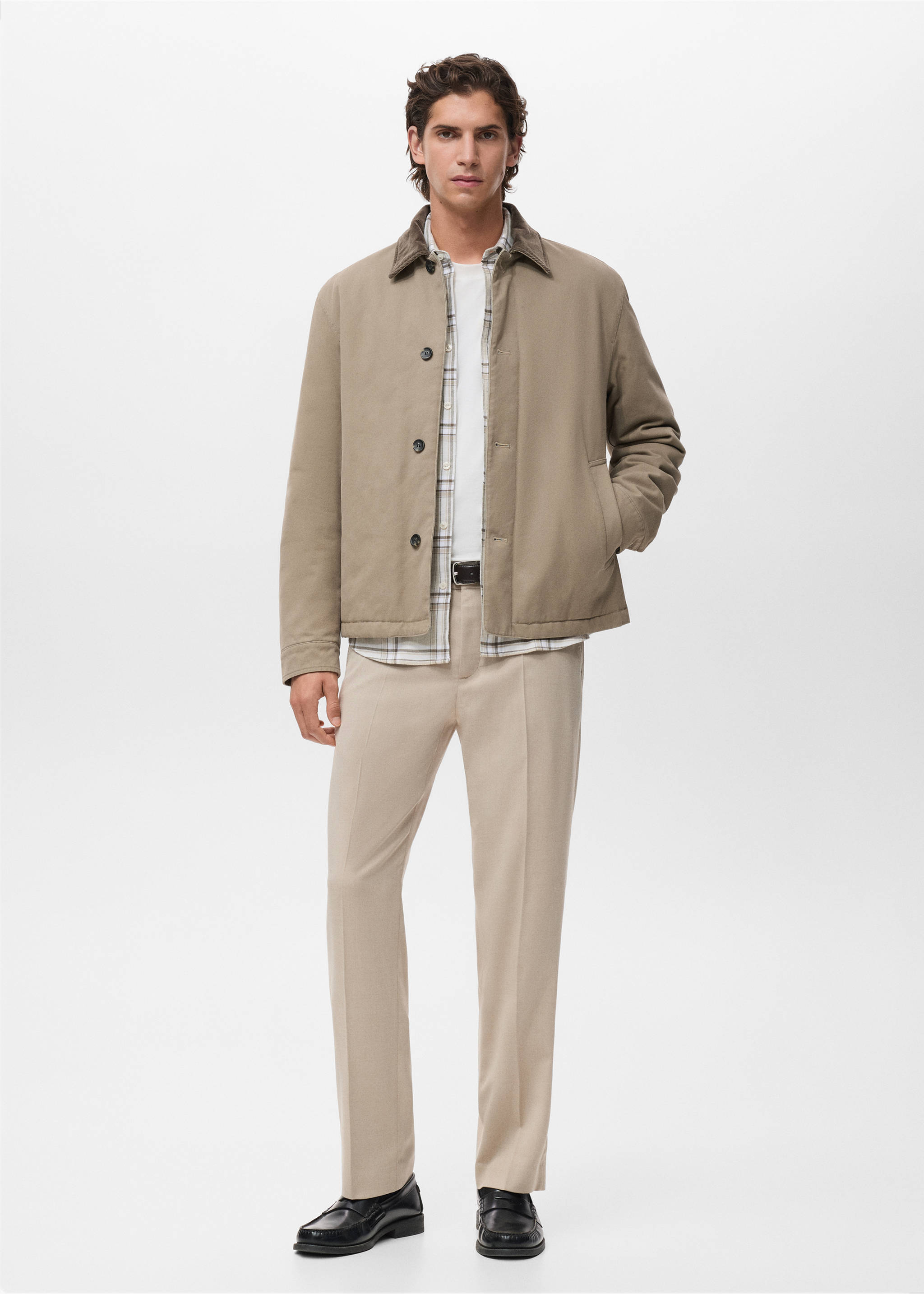 Quilted jacket with corduroy collar - Plan général, Beige. Ref: 17027884-00.