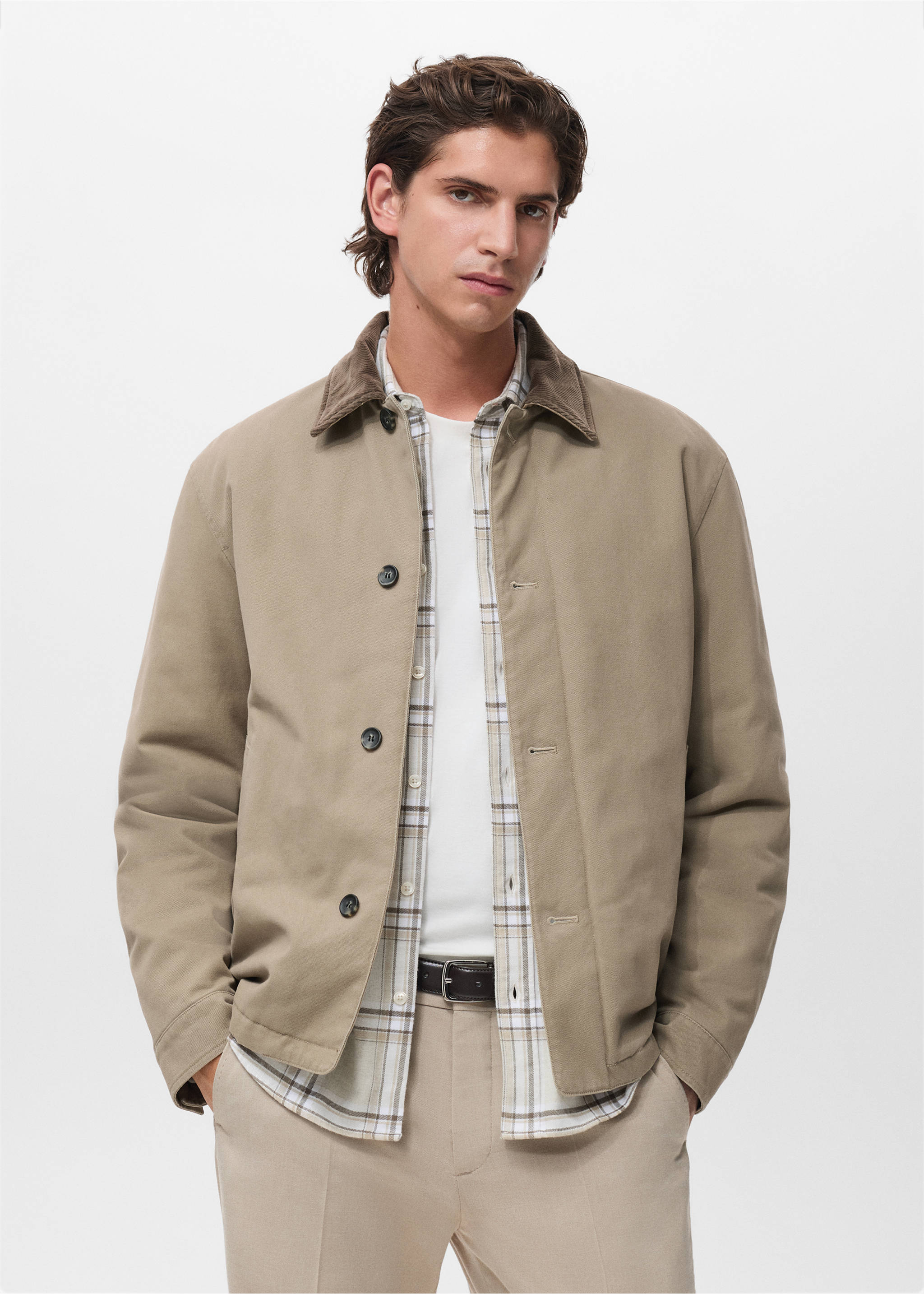 Quilted jacket with corduroy collar - Plan moyen, Beige. Ref: 17027884-00.