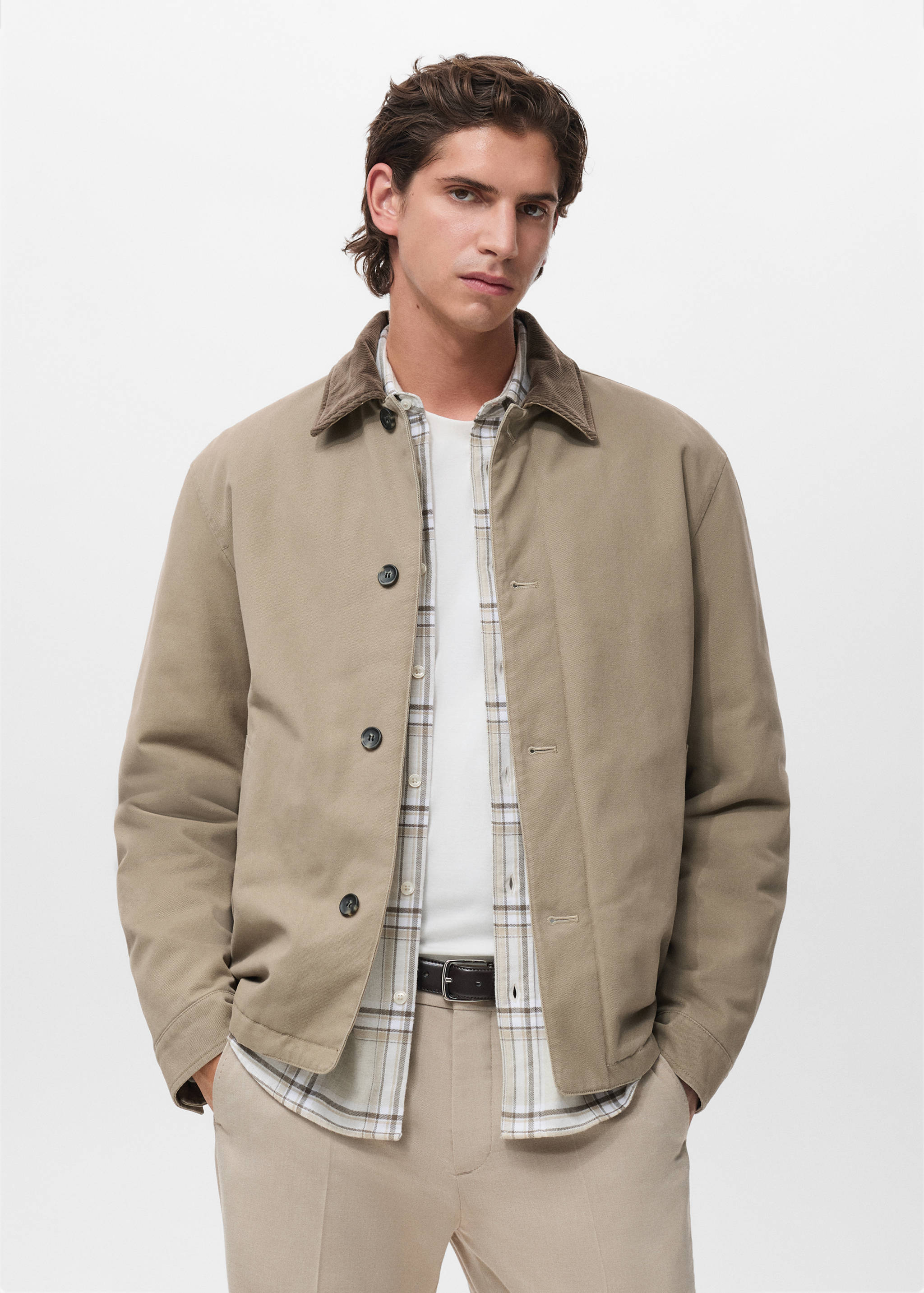 Quilted jacket with corduroy collar - Medium plane