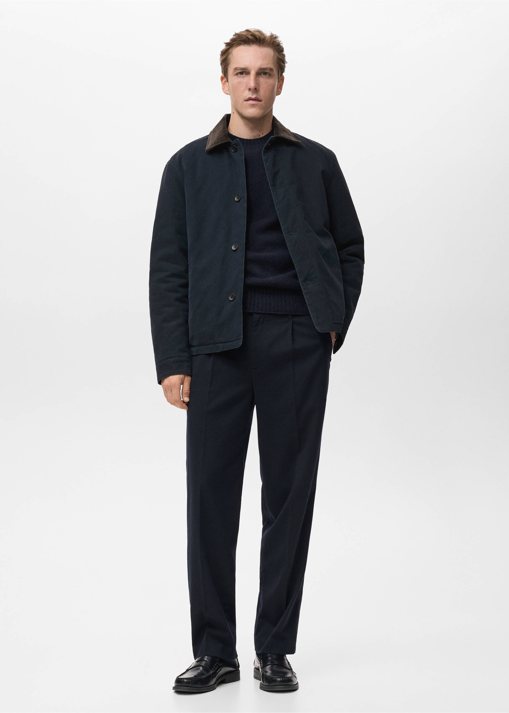 Quilted jacket with corduroy collar - Plan général, Bleu marine. Ref: 17027884-00.