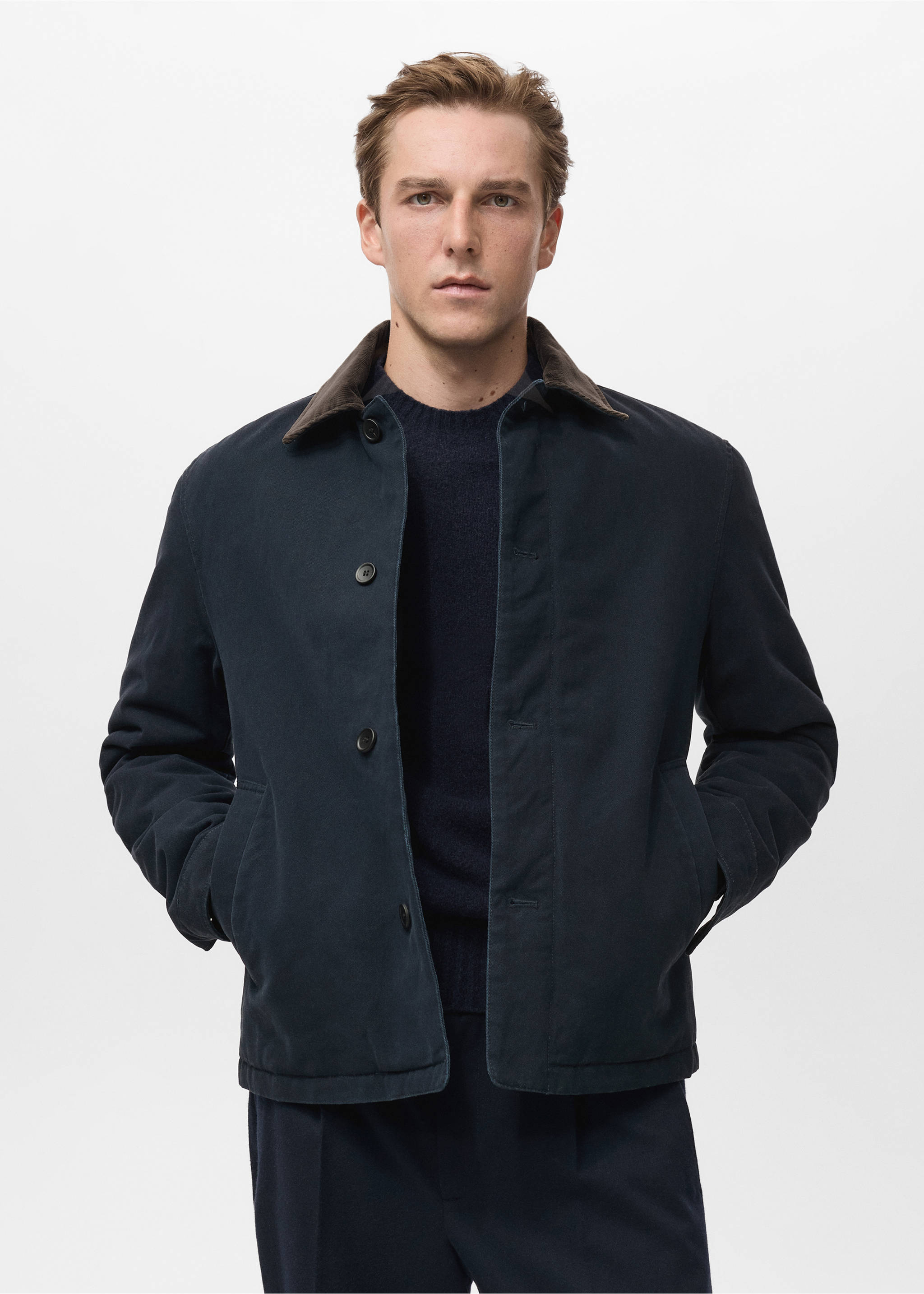 Quilted jacket with corduroy collar - Plan moyen, Bleu marine. Ref: 17027884-00.