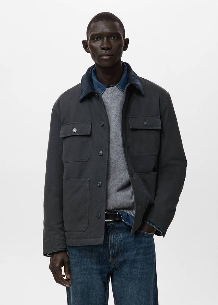 Quilted jacket with corduroy collar — Charcoal