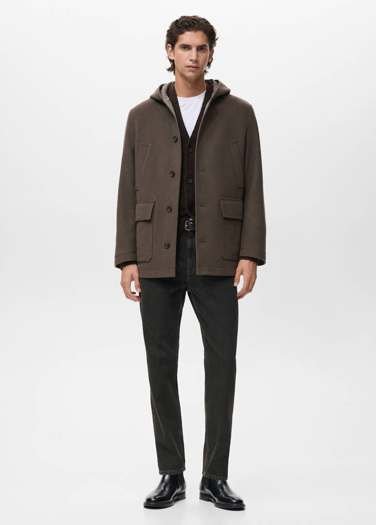 Hooded wool coat — Medium Brown