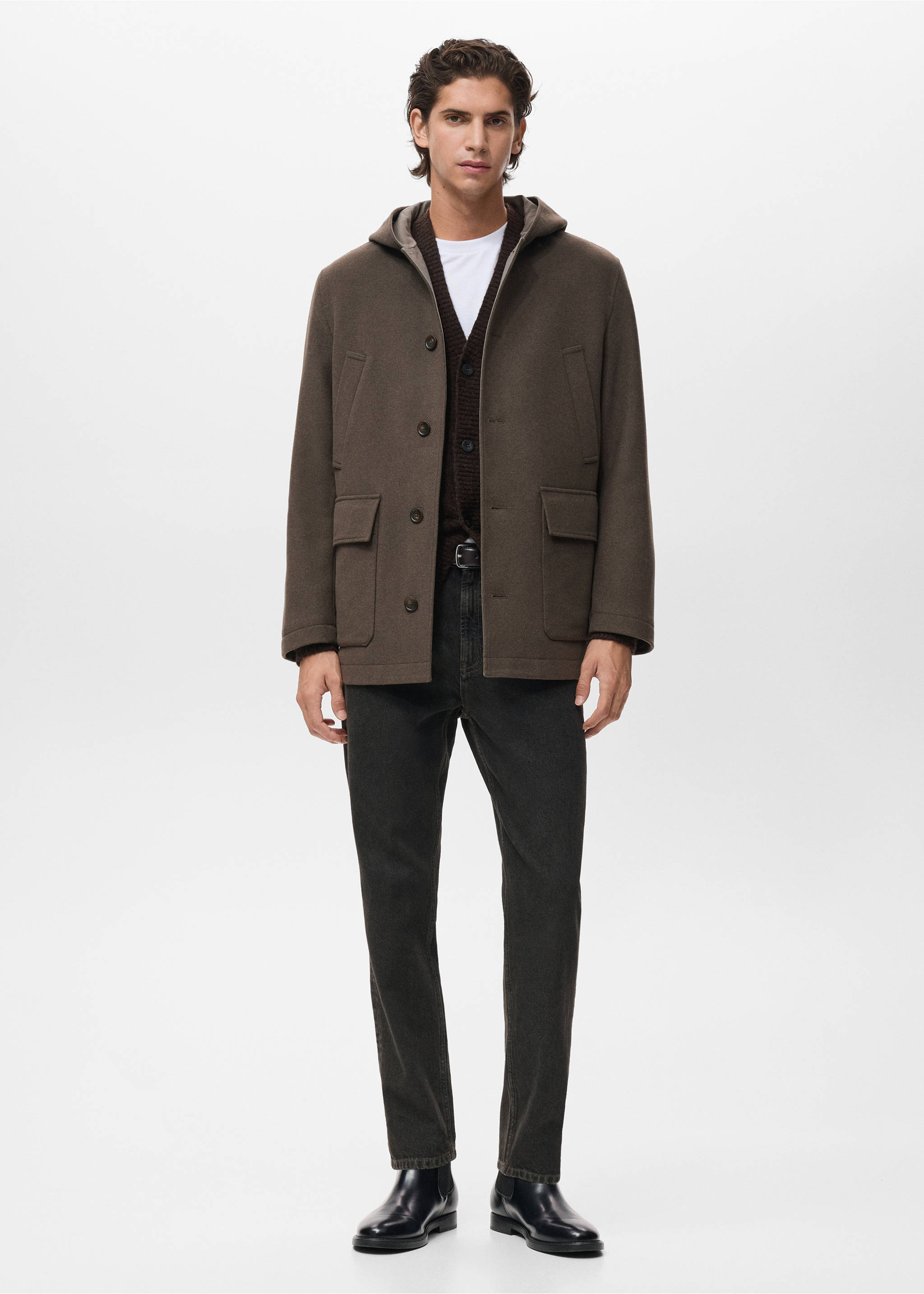 Manteau laine capuche - Plan général, Marron moyen. Ref: 17027891-00.