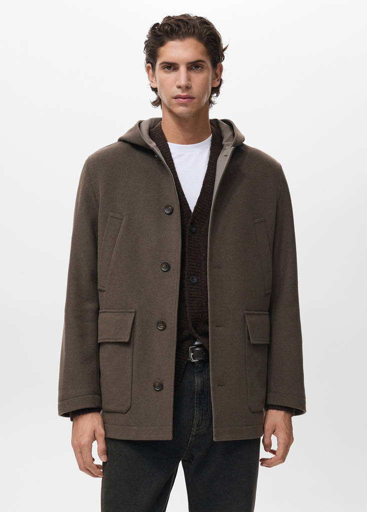 Hooded wool coat — Medium Brown
