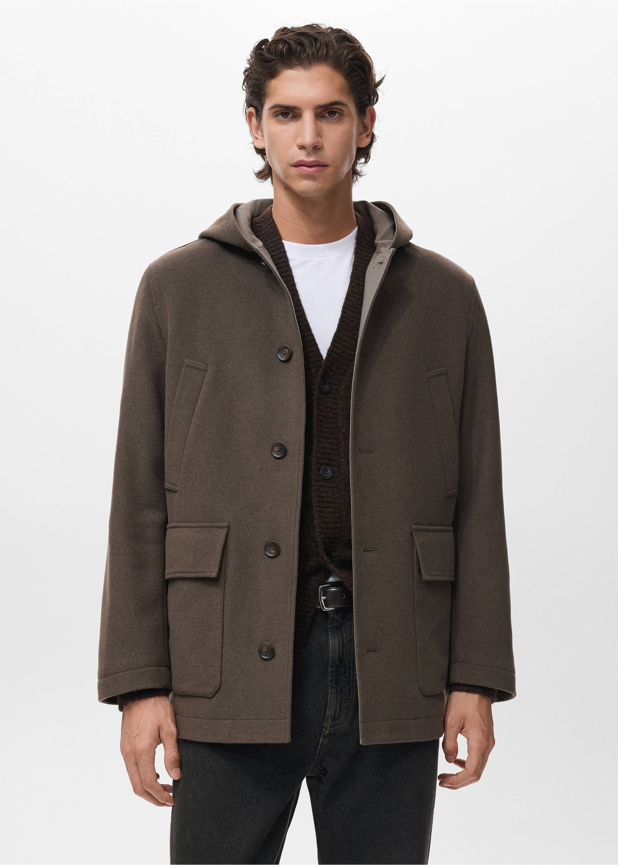 Manteau laine capuche - Plan moyen, Marron moyen. Ref: 17027891-00.