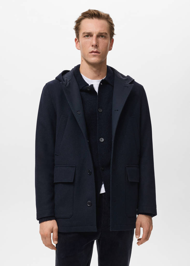 Hooded wool coat — Dark Navy