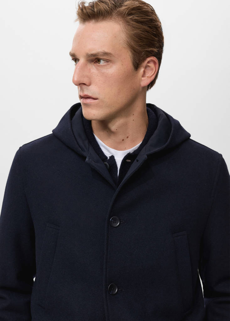 Hooded wool coat — Dark Navy