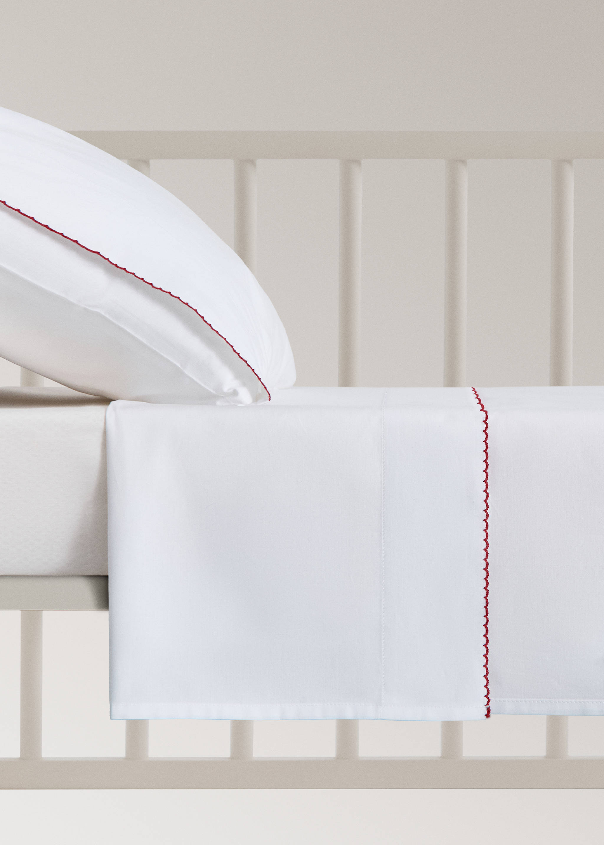 Percale cotton top sheet with contrasting picot detail for cot - Article without model