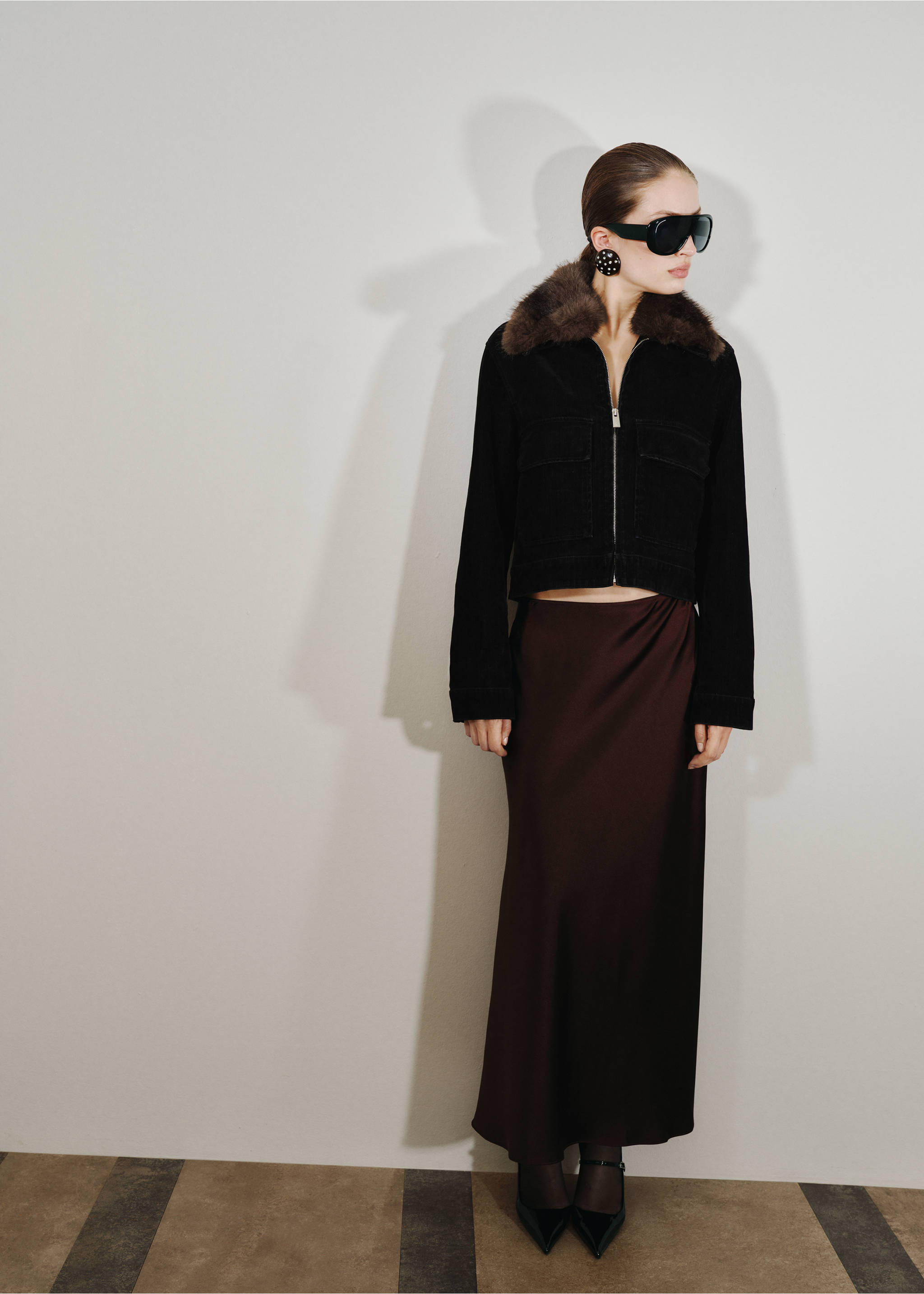 Veste en velours col fourrure - Plan général, Noir. Ref: 17029099-00.