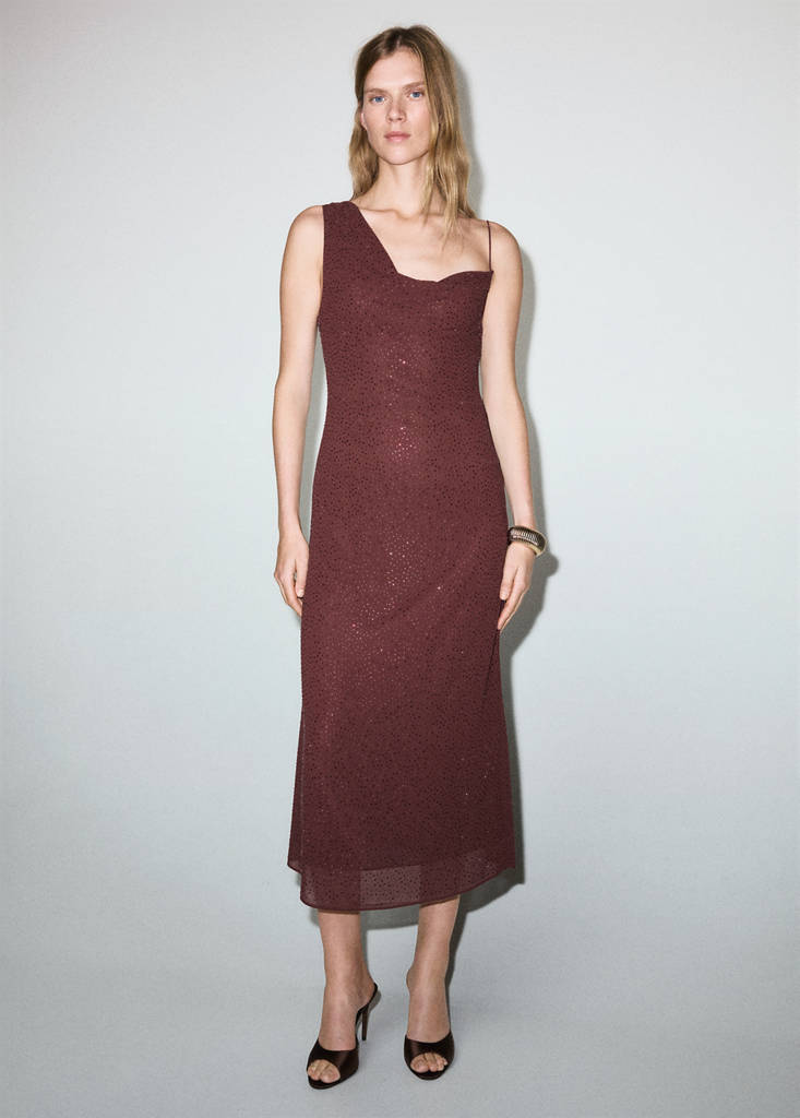 MANGO - Robe asymétrique strass grenat - XS