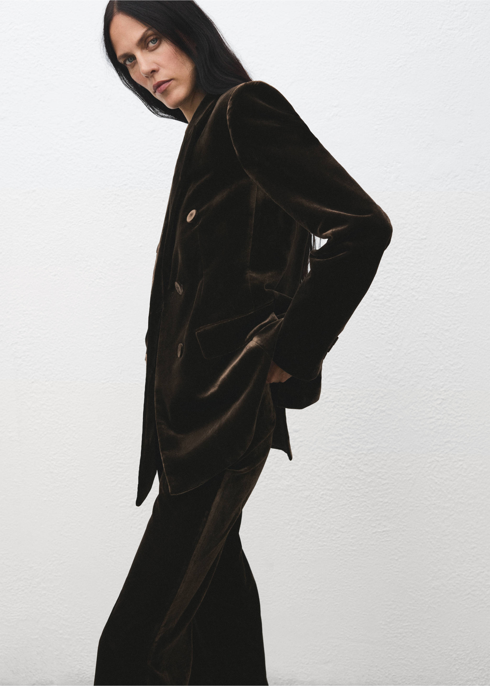 Blazer costume en velours double boutonnage - Plan moyen, Chocolat. Ref: 17029407-00.
