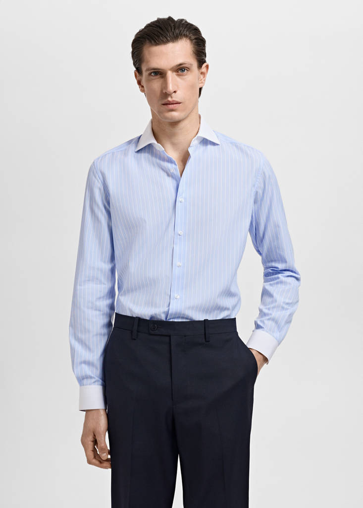Striped-print slim-fit suit shirt — Sky Blue