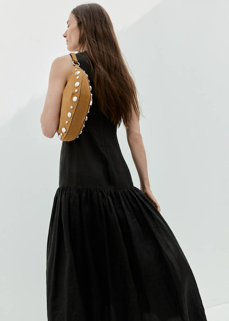 Suede leather studded handbag — Mustard