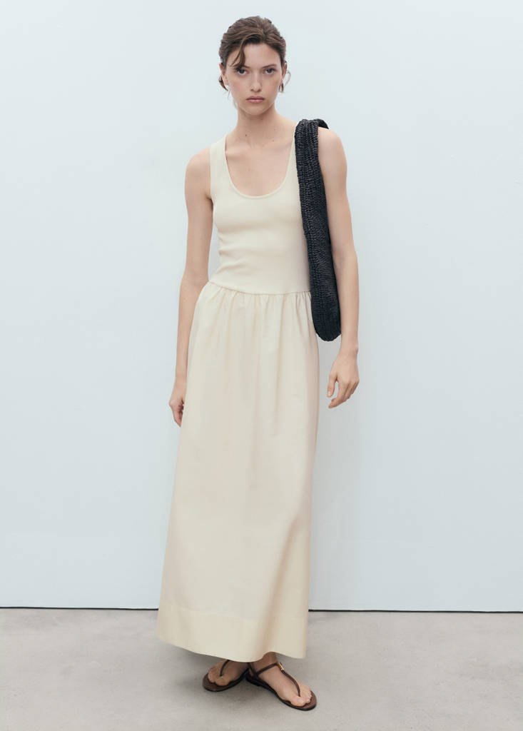Flared dress in combined fabric — Ecru
