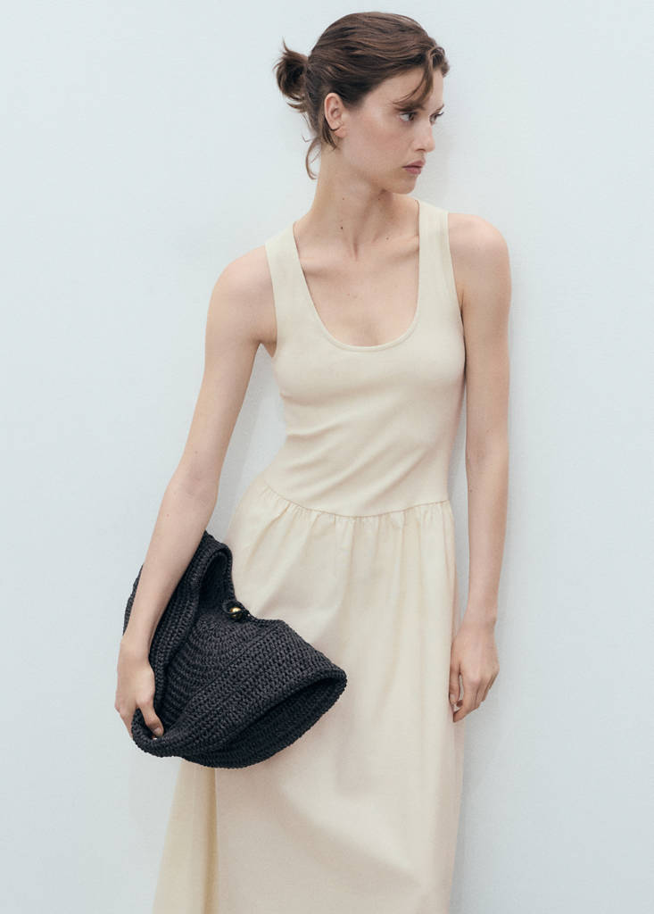 Flared dress in combined fabric — Ecru