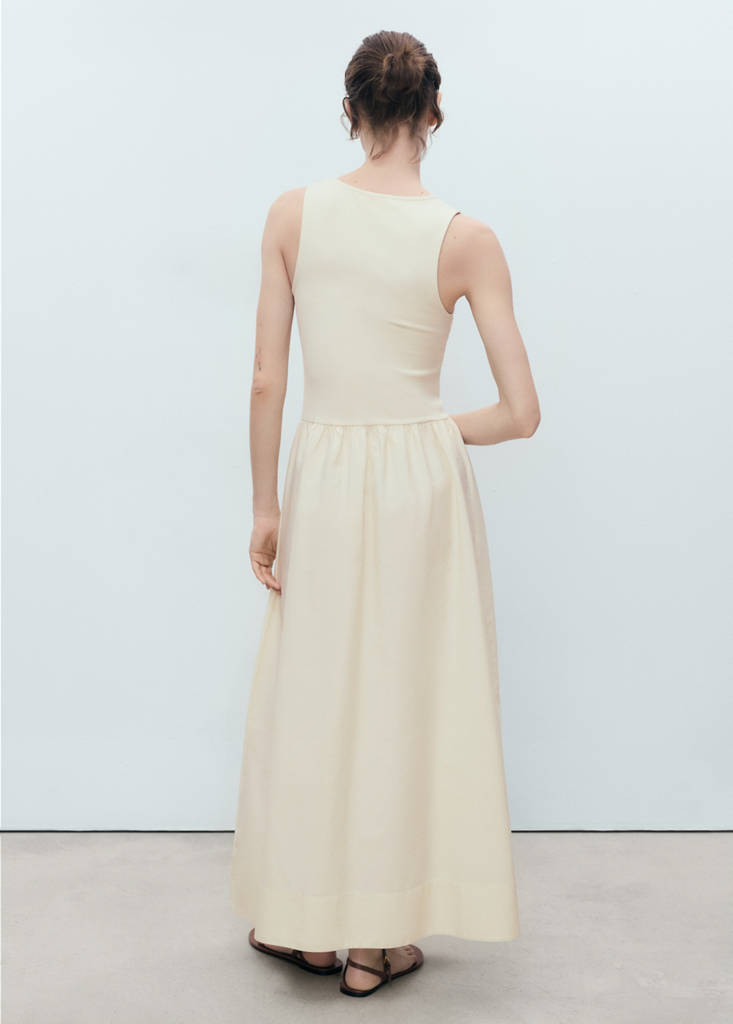 Flared dress in combined fabric — Ecru