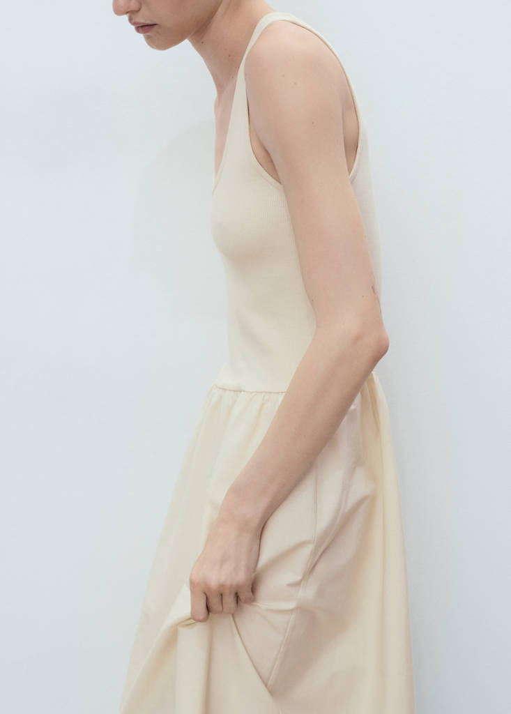 Flared dress in combined fabric — Ecru