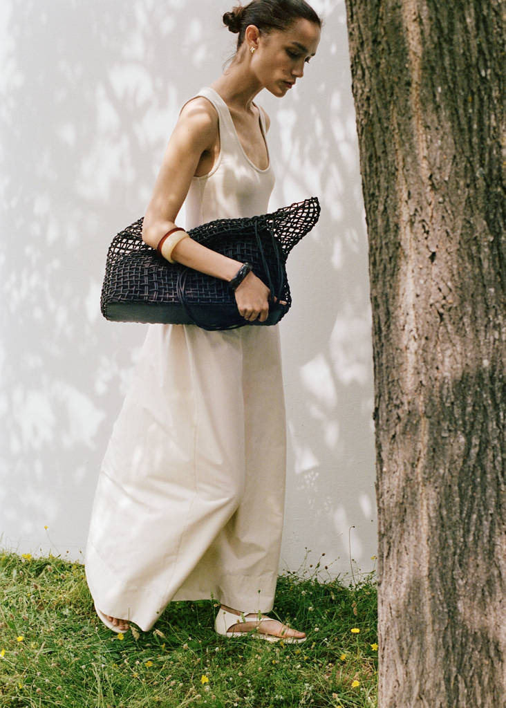 Flared dress in combined fabric — Ecru
