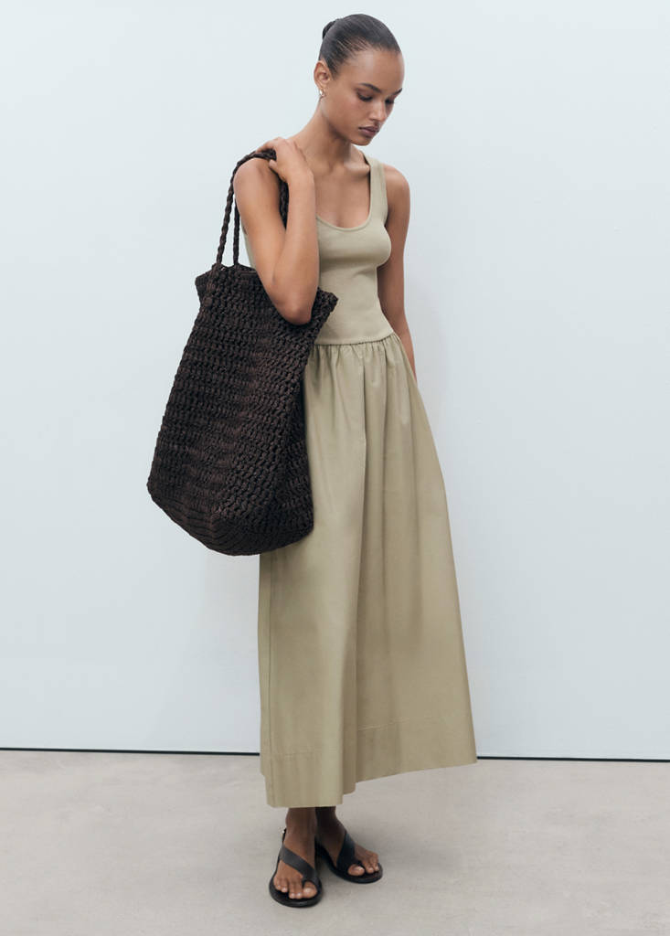 Flared dress in combined fabric — Khaki