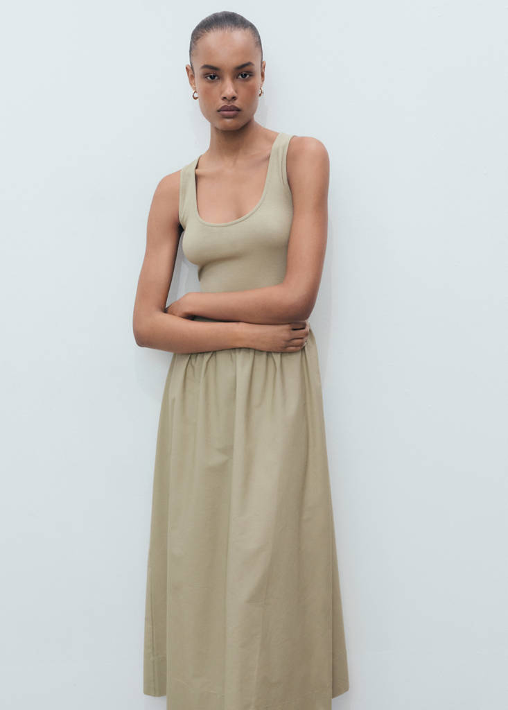 Flared dress in combined fabric — Khaki