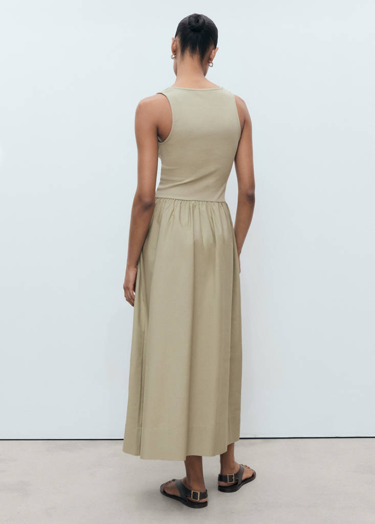 Flared dress in combined fabric — Khaki