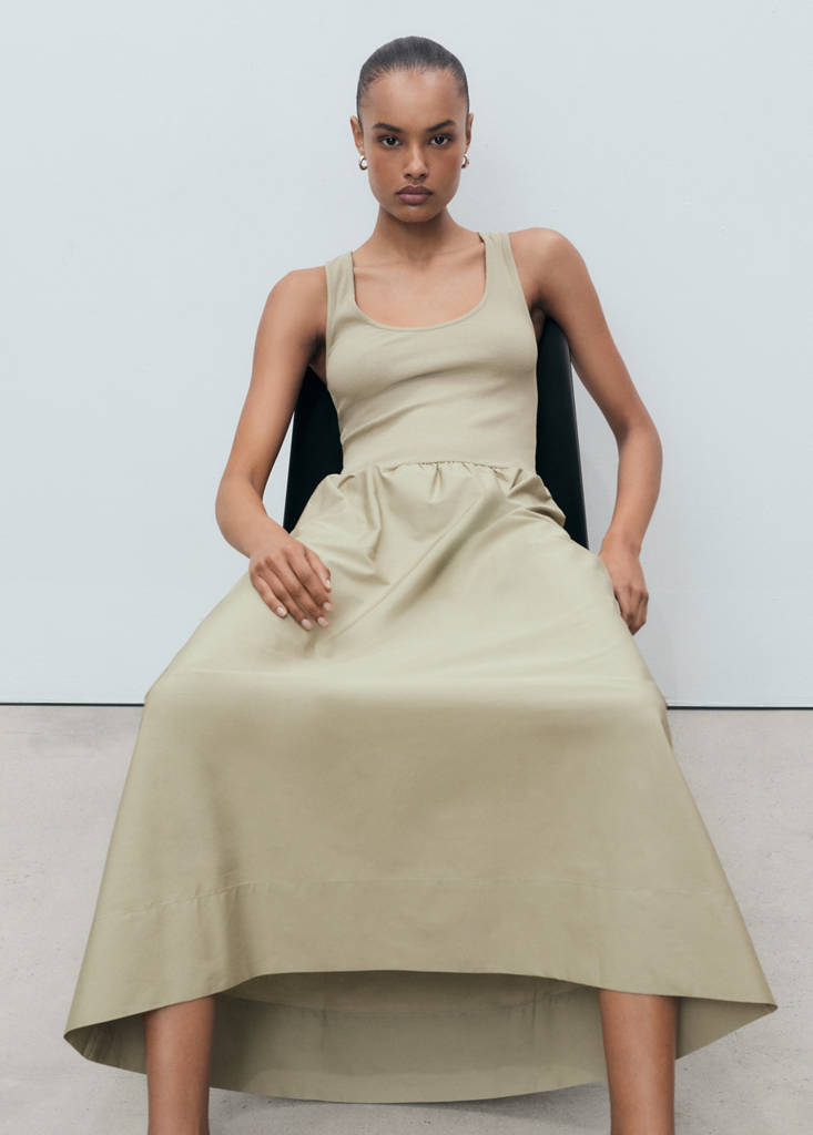 Flared dress in combined fabric — Khaki