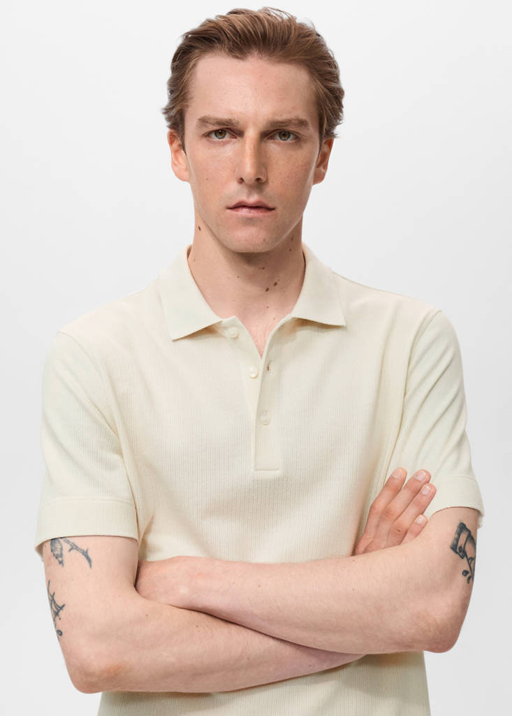 Fine rib-knit polo shirt — Ivory White