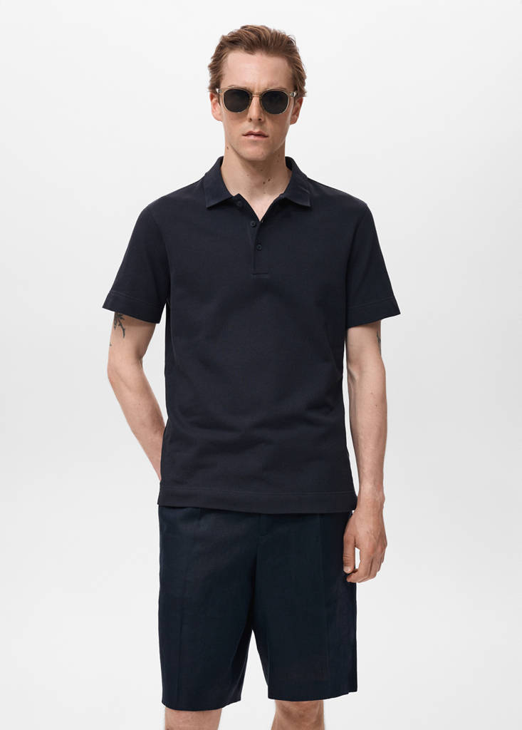 Fine rib-knit polo shirt — Navy