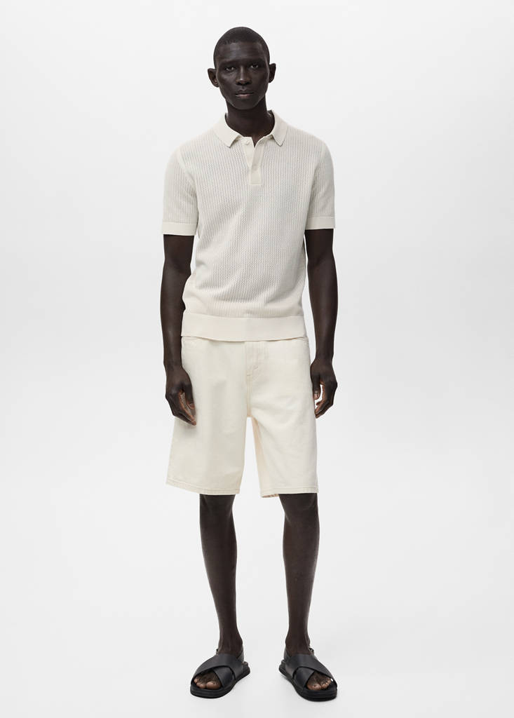 Openwork knitted cotton polo shirt — Off White