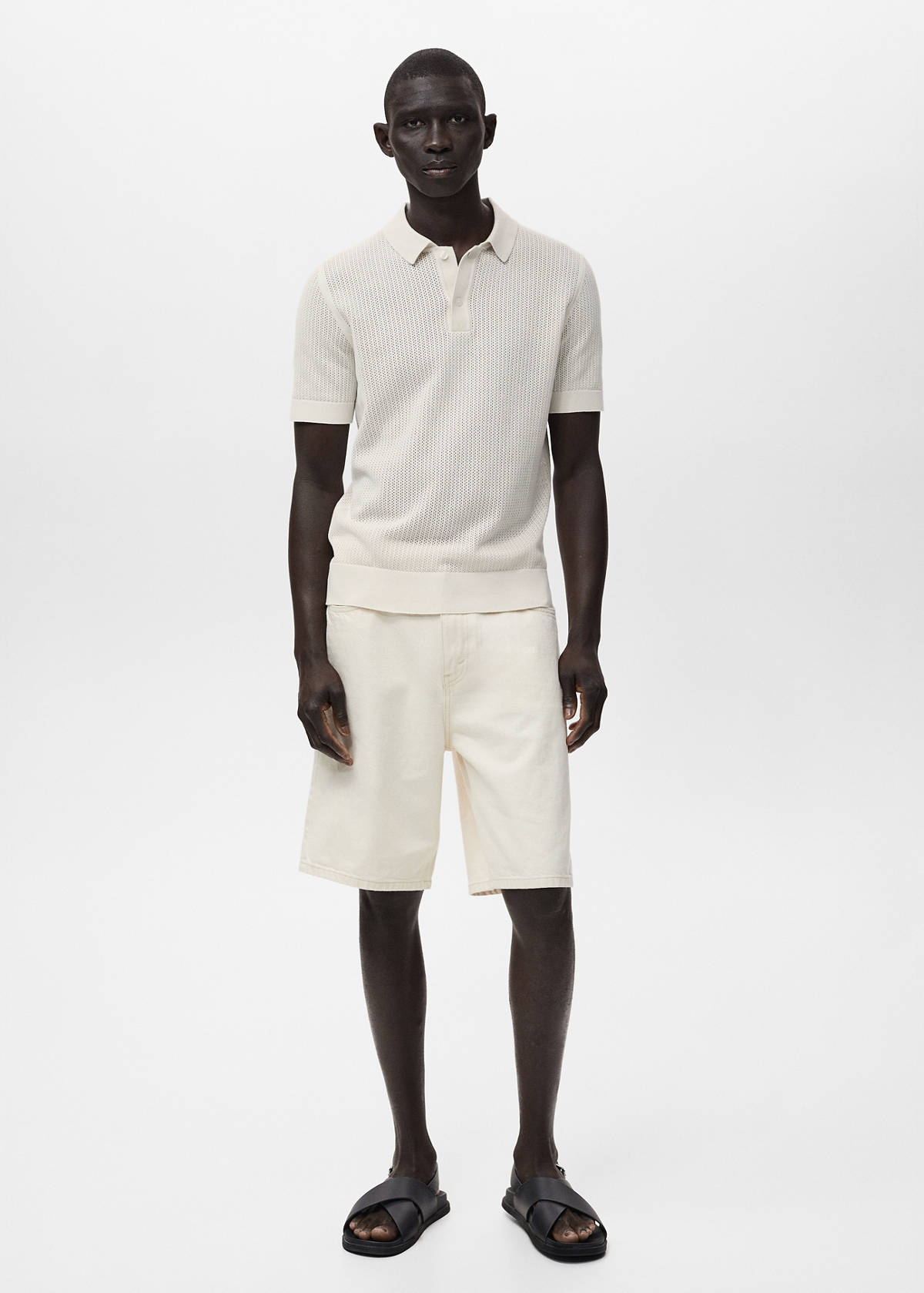 Openwork knitted cotton polo shirt — Off White