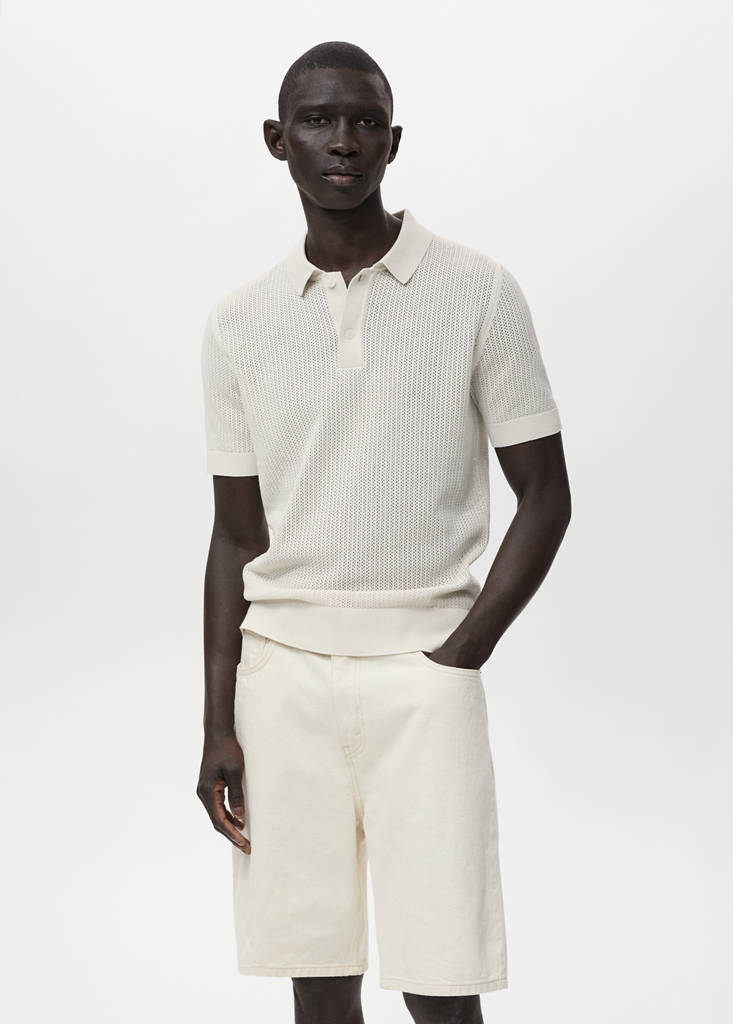 Openwork knitted cotton polo shirt — Off White